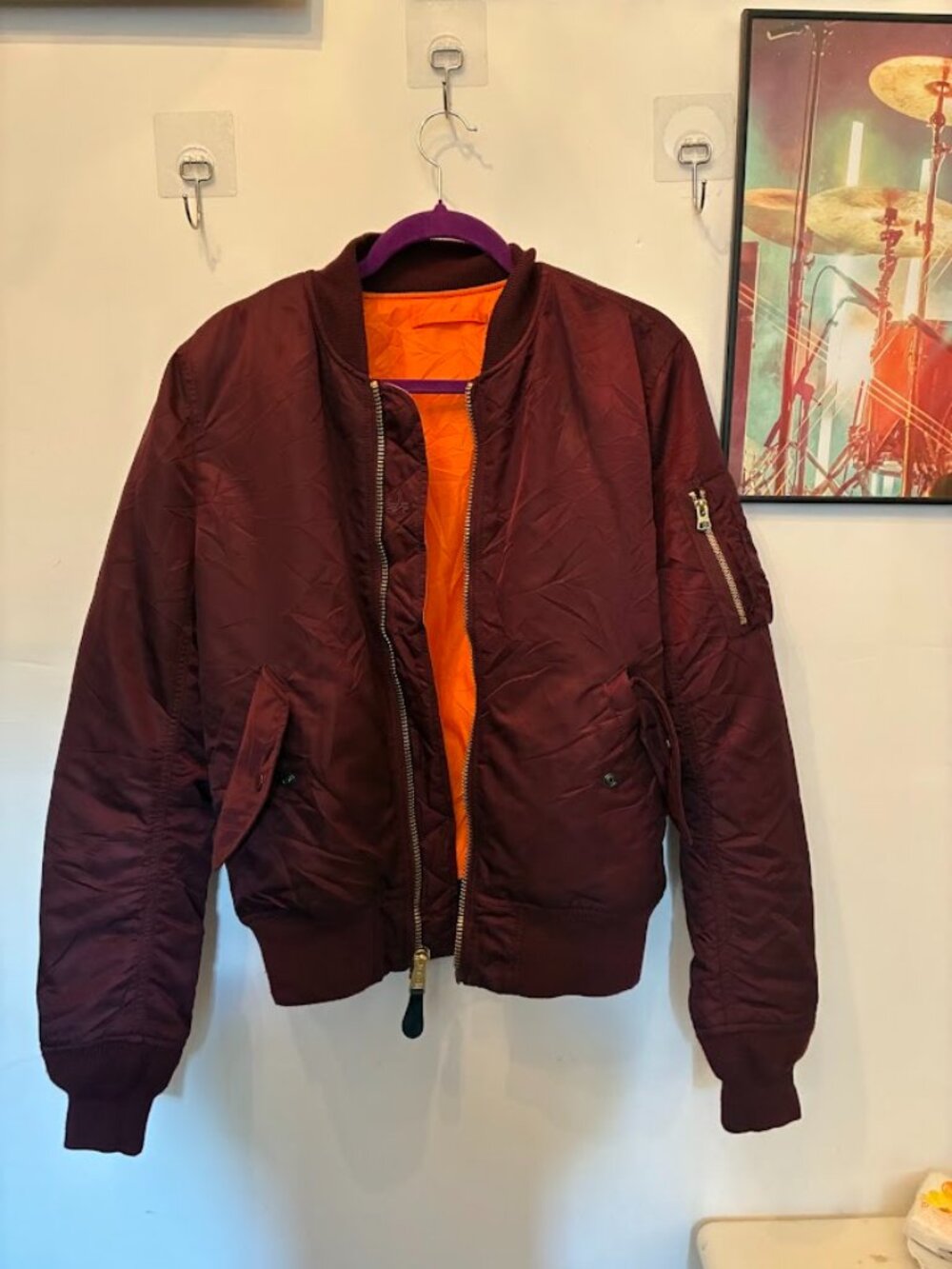 Alpha Industries MA-1 Bomber Jacket Burgundy Orange Lining Flight Jacket M